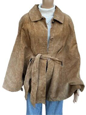Unique vintage suede leather tan camel cape‎ jacket, fits US L-XL or US 12-16